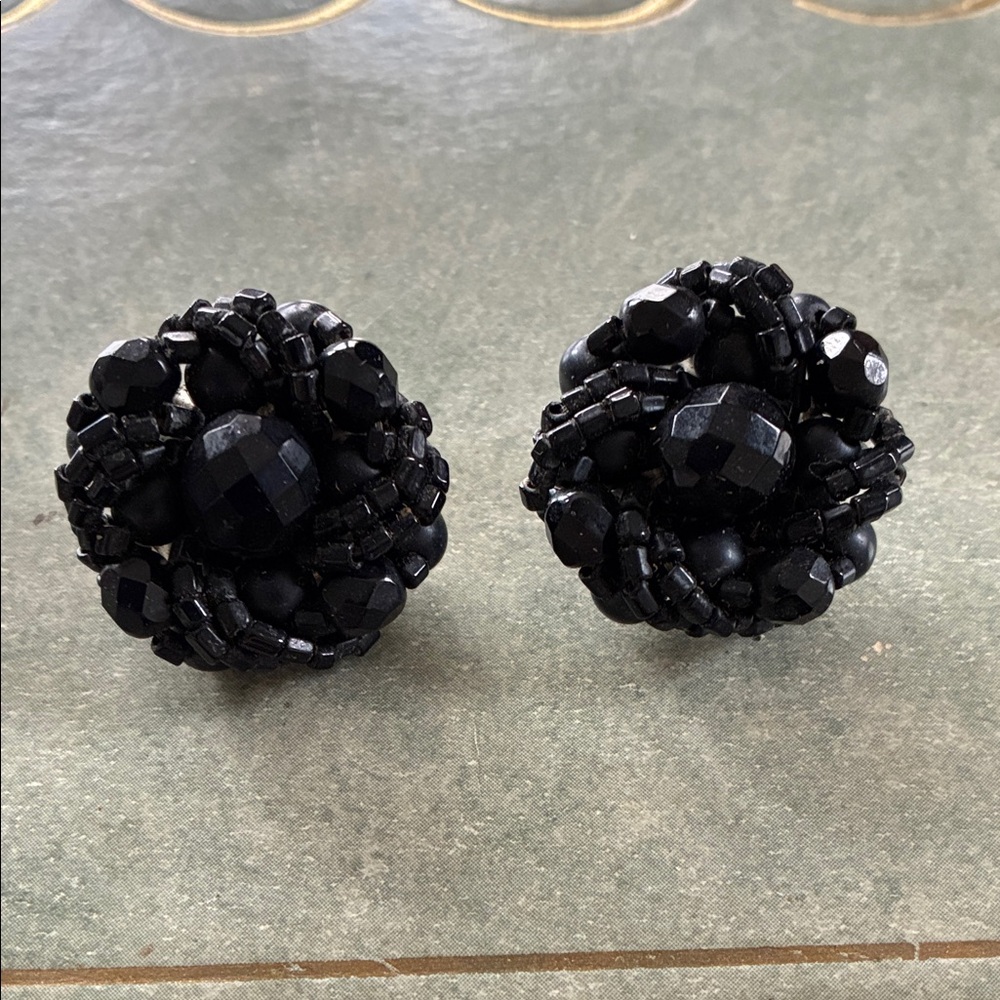Elegant Black Beaded Earrings vintage clip on